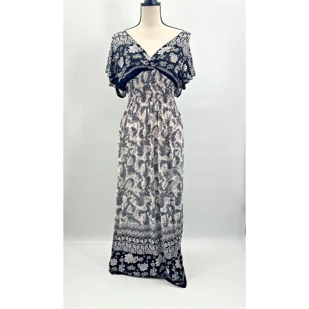 Tamsy Floral Babydoll Maxi Dress OS Flutter Sleeve Stretch Indie Boho Festival